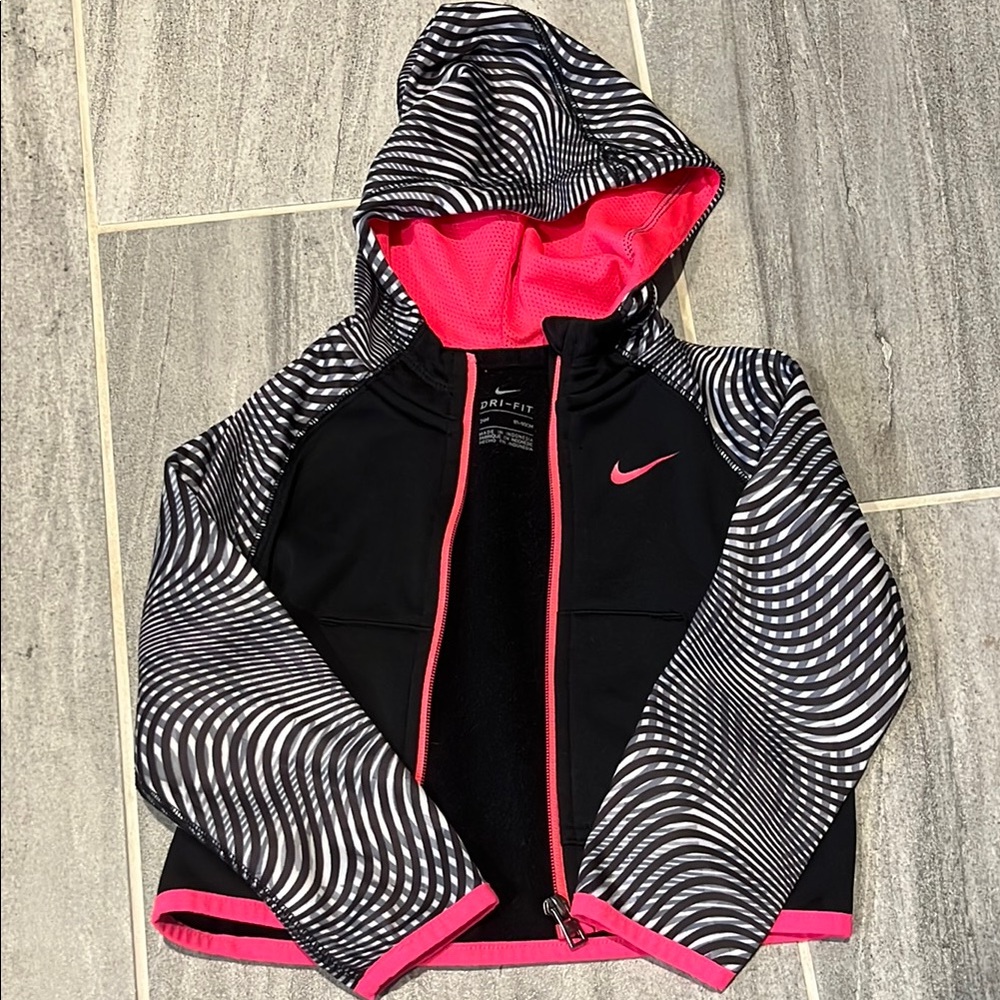 Nike Pink and Black Raincoat with Hood and Dynamic Pattern